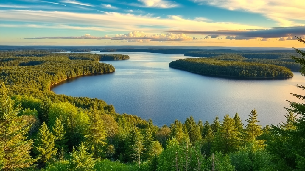 serene Upper Peninsula landscape showcasing natural beauty with lush greenery and a picturesque lake