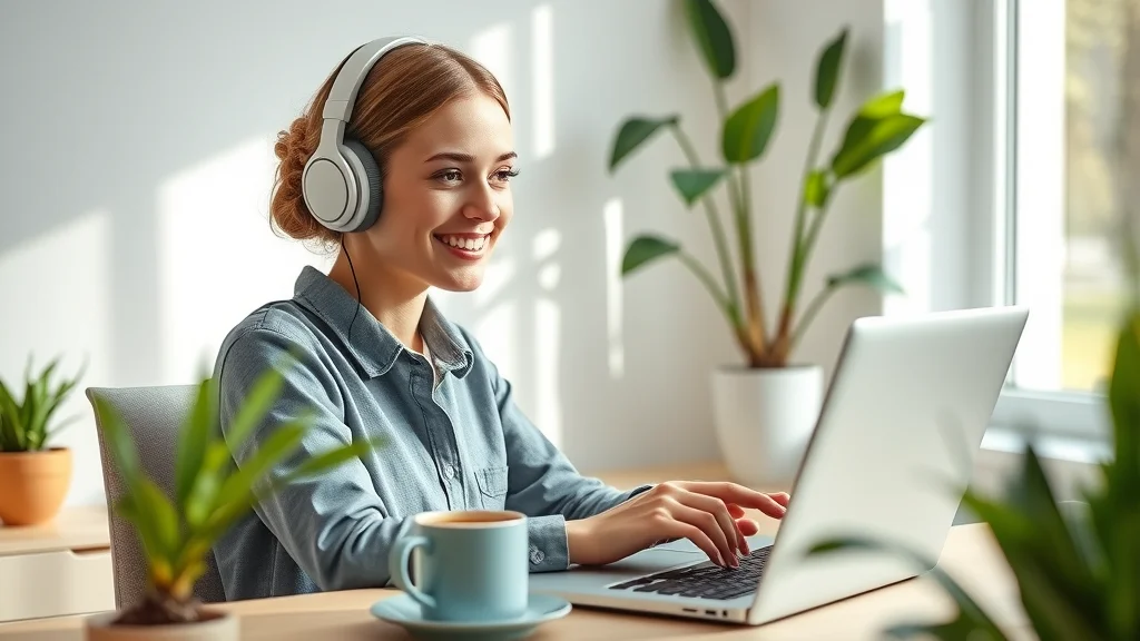 Woman participating in Greek video call at a home workspace, digital Greek app open, with headphones and coffee, soft light and interactive gesture in a bright study space.