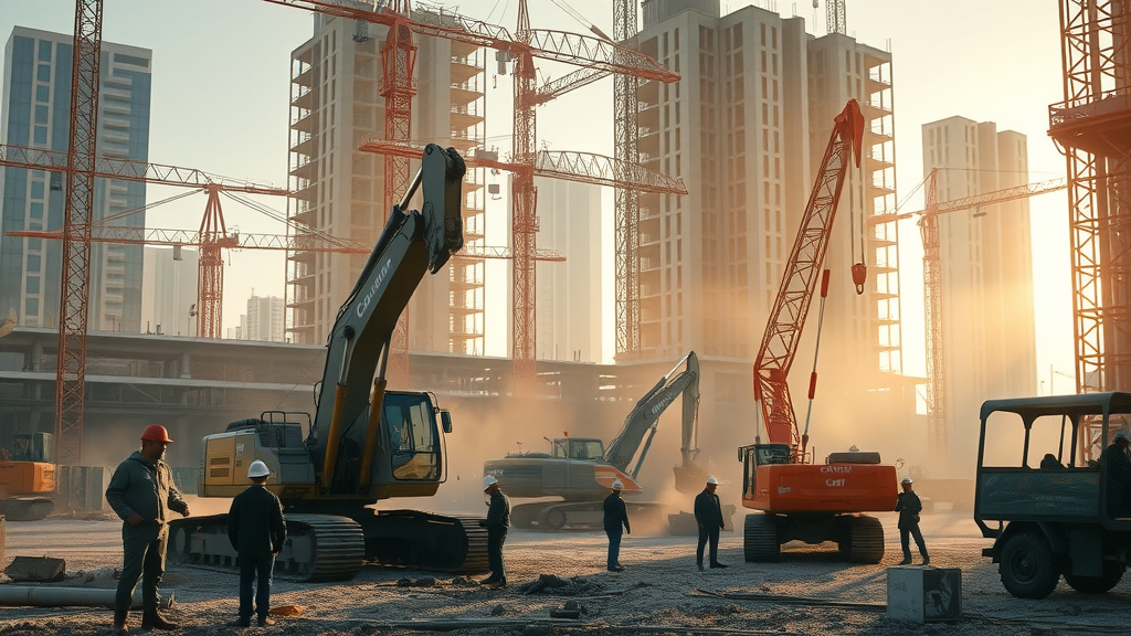 Construction equipment financing at a modern construction site with large excavators and cranes, bustling with construction workers, urban framework, and golden hour sunlight