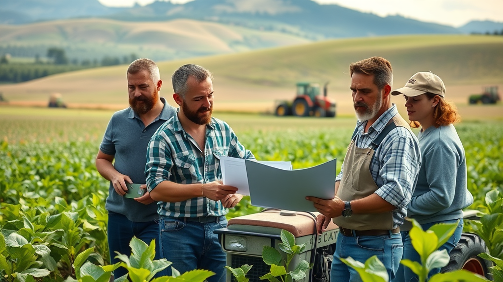 modern farm landscape with farmers discussing tractor equipment financing, cooperative atmosphere, high-tech tractors, and paperwork review