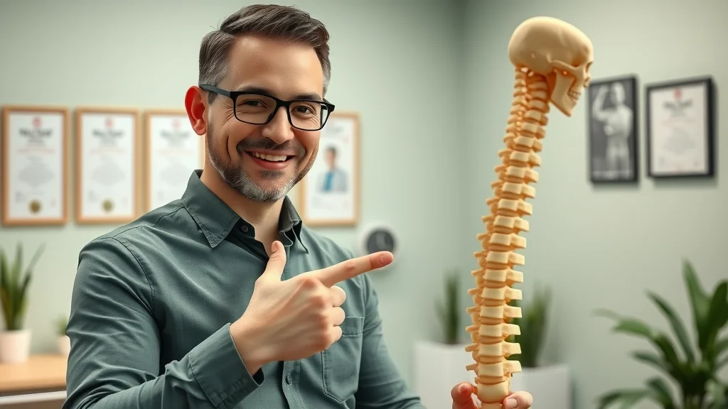 Confident chiropractor explaining spinal anatomy using a model in a modern treatment room - chiropractic technique, spinal manipulation