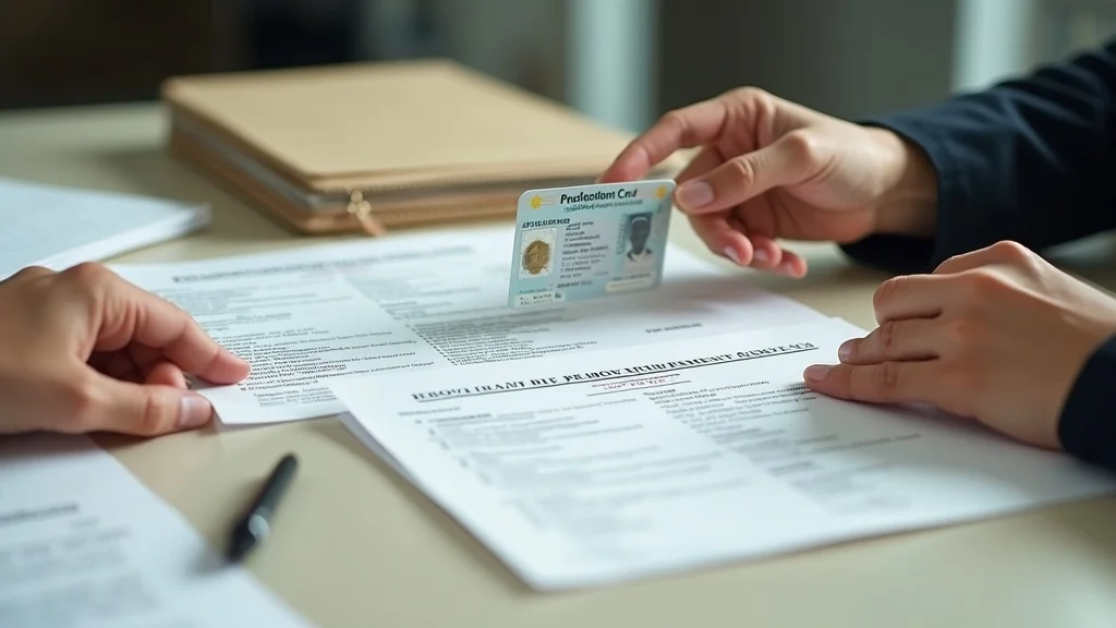 Orderly collection of immigration documents and a U.S. Permanent Resident Card during the green card process at a law firm desk, with hands passing paperwork and high realism.