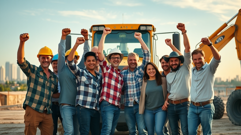 Construction crew celebrating with new equipment, showing teamwork and success thanks to equipment financing, city skyline backdrop