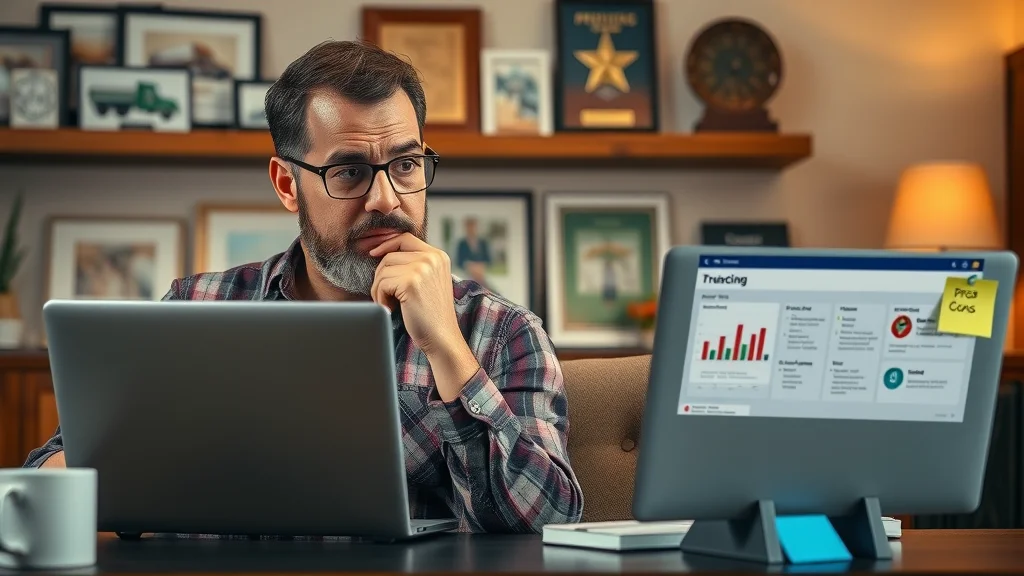Fleet owner comparing dispatch software for trucking on two laptops in a well-decorated office