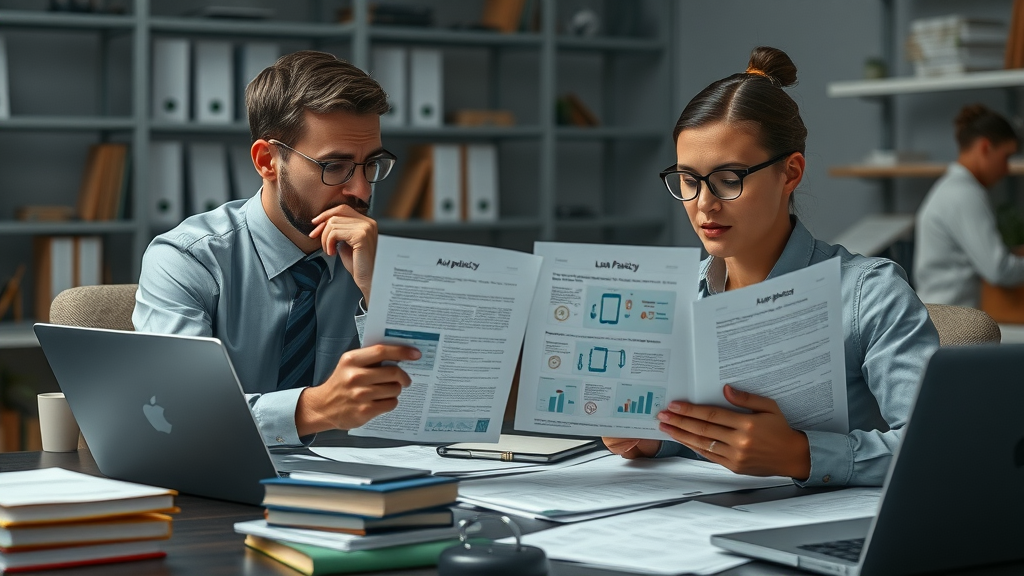 tech professionals reviewing AI ethics and privacy policy documents to ensure compliant generative AI search solutions