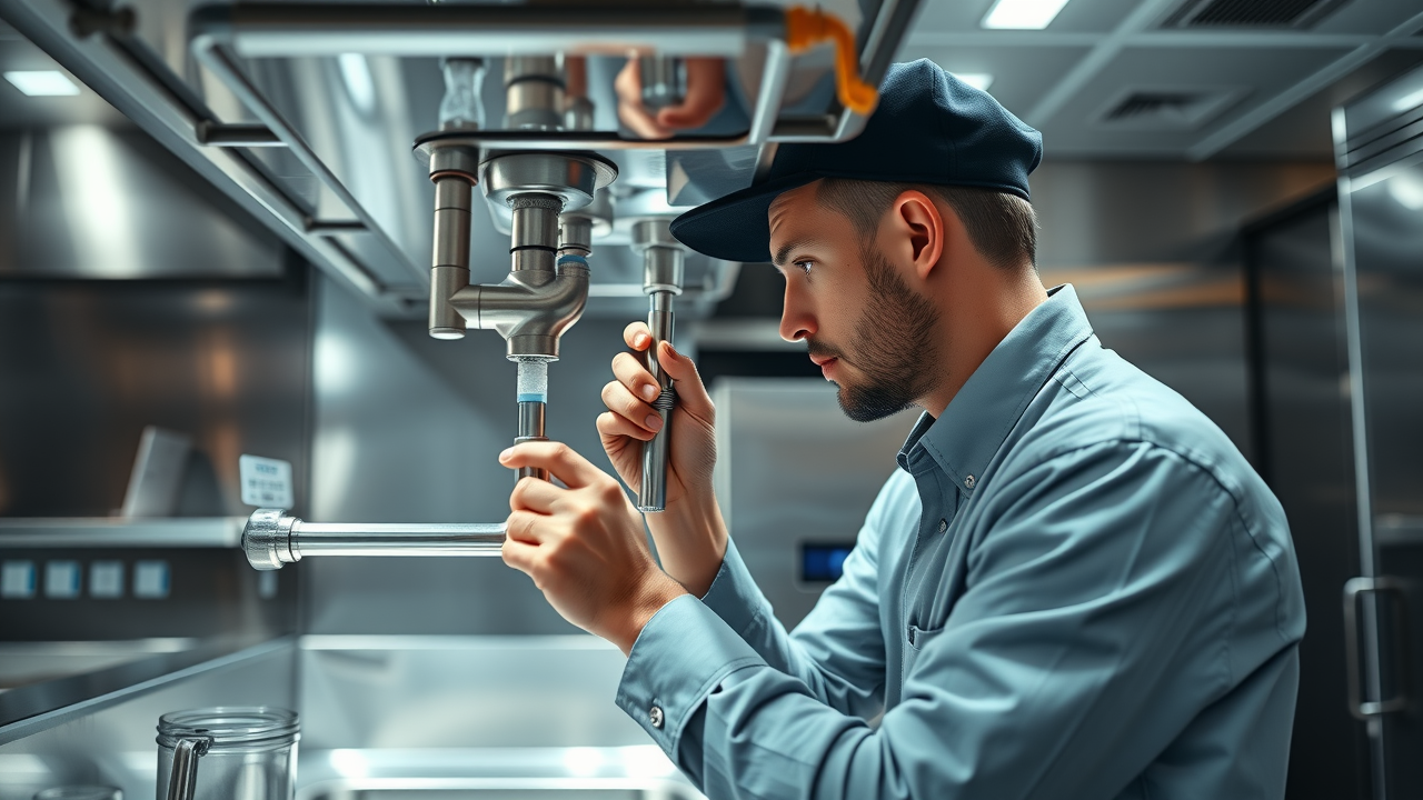 Commercial plumber inspecting kitchen pipes, benefits of commercial plumbing services