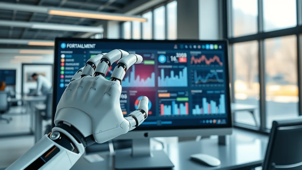 Robotic hand uses financial software, representing accounting automation tools eliminating repetitive tasks and boosting efficiency.