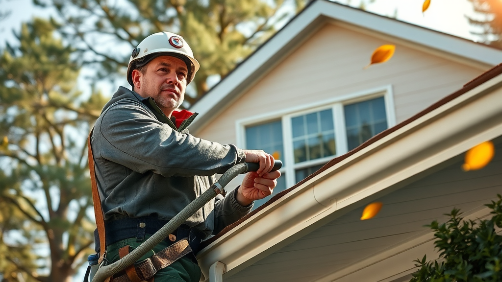 professional cleaner using extendable gutter cleaning tool on a two-story home with expert gutter cleaning tips
