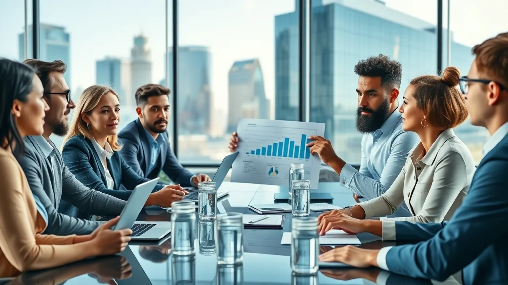 mastering business english in international business meeting—Diverse professionals collaborating in modern boardroom with business charts and laptops.