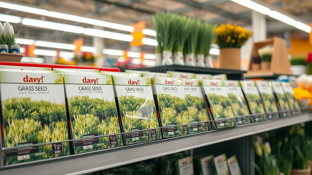 Various grass seed packets on a store shelf