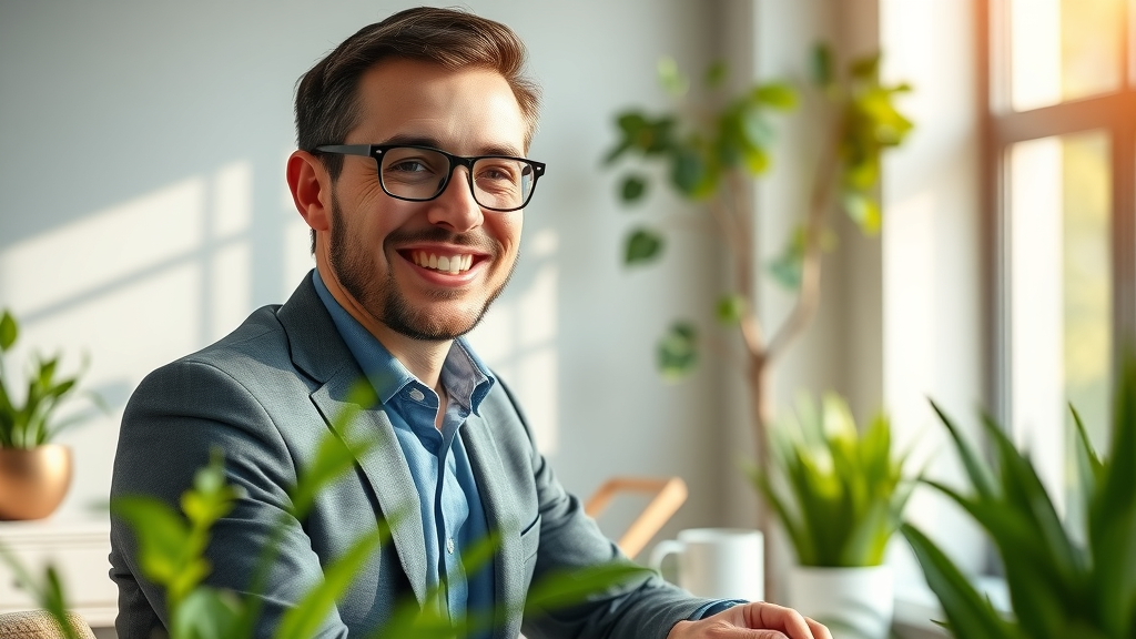 Modern growing business showing upward trending chart with a smiling business owner in a high-fidelity photorealistic workspace.