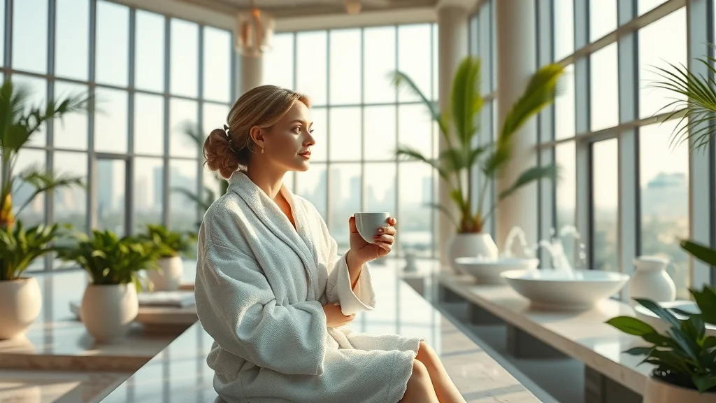 Luxury hotel spa experience Los Angeles with serene spa lounge, city skyline view