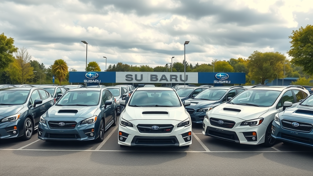 Diverse Subaru models lineup in dealership lot - best suited for different needs and lifestyles - 10 questions smart buyers ask before test driving a subaru