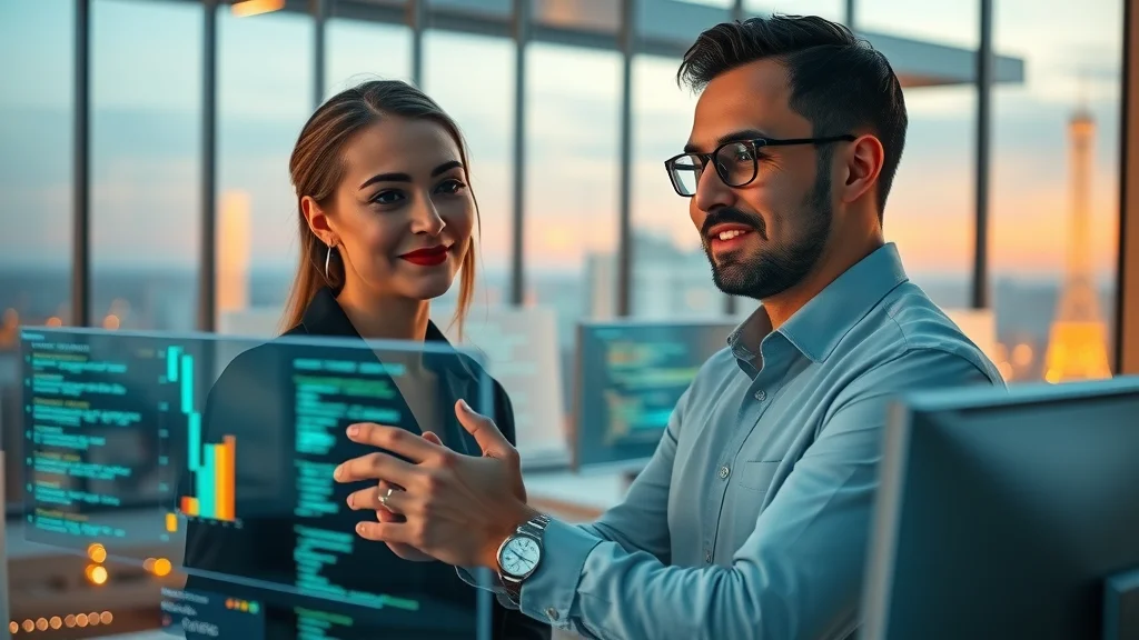 Trustworthy AI oversight concept — woman and man review AI code on transparent screen, city skyline, teamwork, warm evening light, digital streaks.