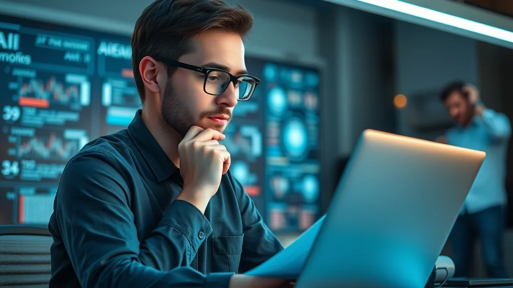 AI researcher reviewing ethical AI governance report in a high-tech lab, photorealistic, code projections, ethical AI governance analysis.