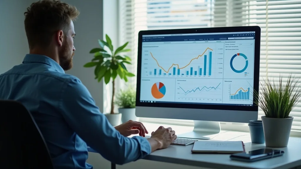 Financial advisor evaluating startup business loan application with graphs and data on screen.