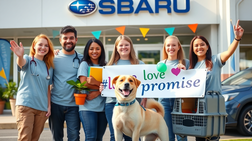 diverse group of Subaru volunteers representing five Subaru Love Promise pillars