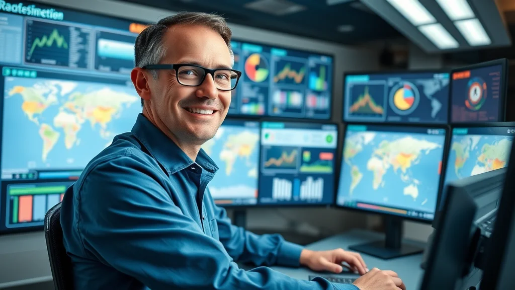 Advanced transportation dashboard with confident logistics coordinator managing real-time dispatch and tracking