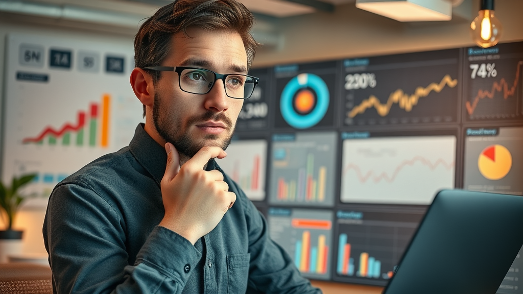 Marketer analyzing audience demographics dashboard, small business internet marketing