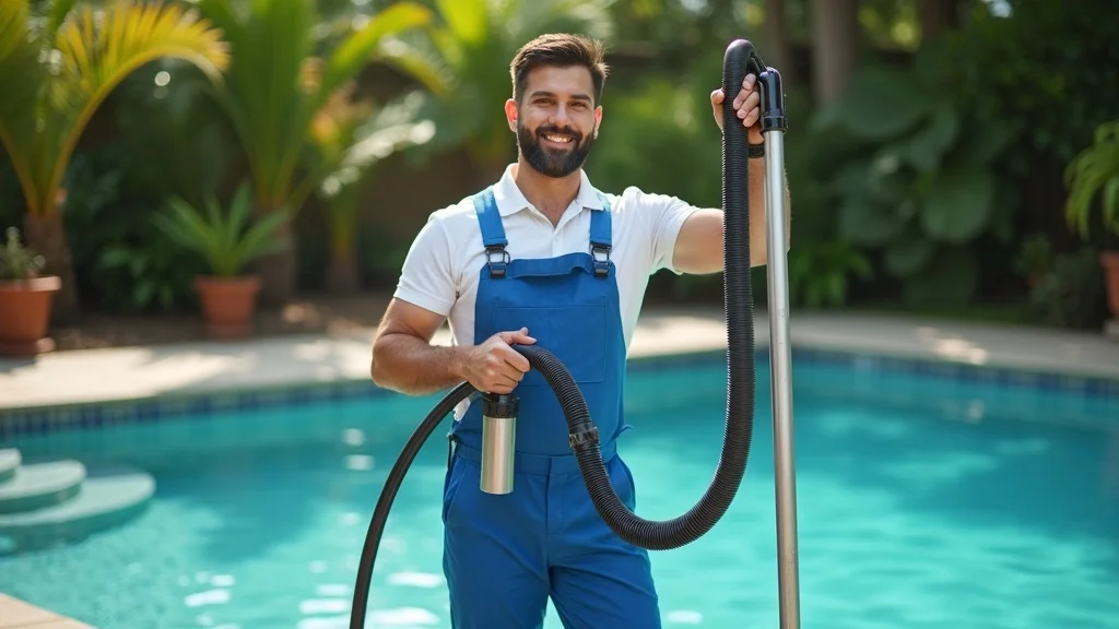 Professional pool cleaner in Miami using pool vacuum during pool cleaning service near tropical backyard pool