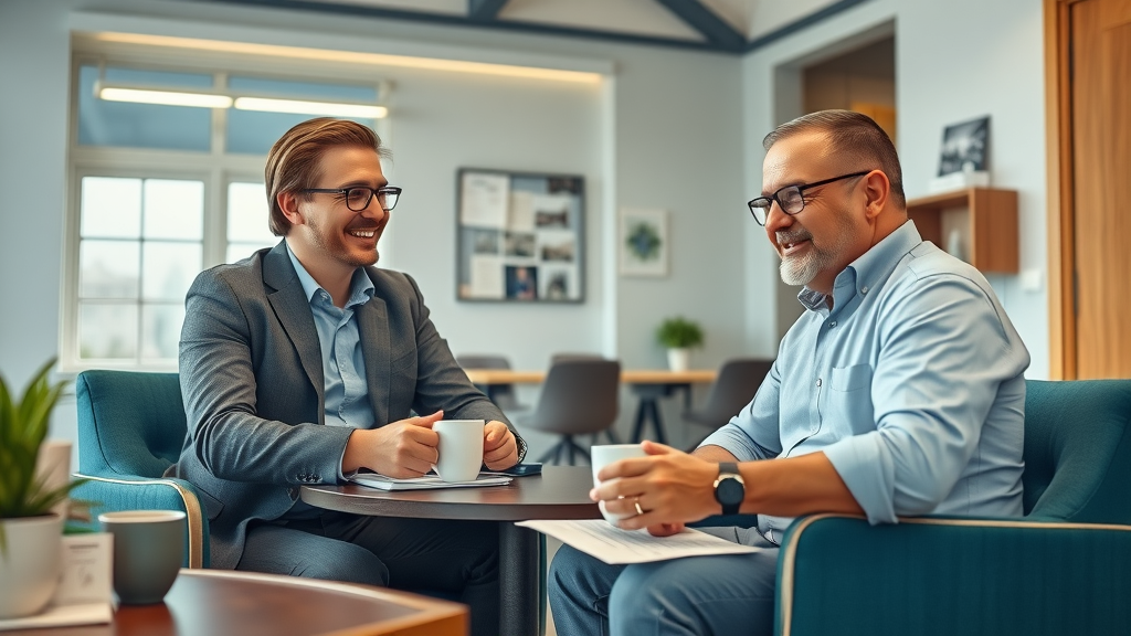 Friendly Michigan mortgage advisor with veteran—discussing VA mortgage refinance options in modern office Friendly Michigan mortgage advisor with veteran—discussing VA mortgage refinance options in modern office