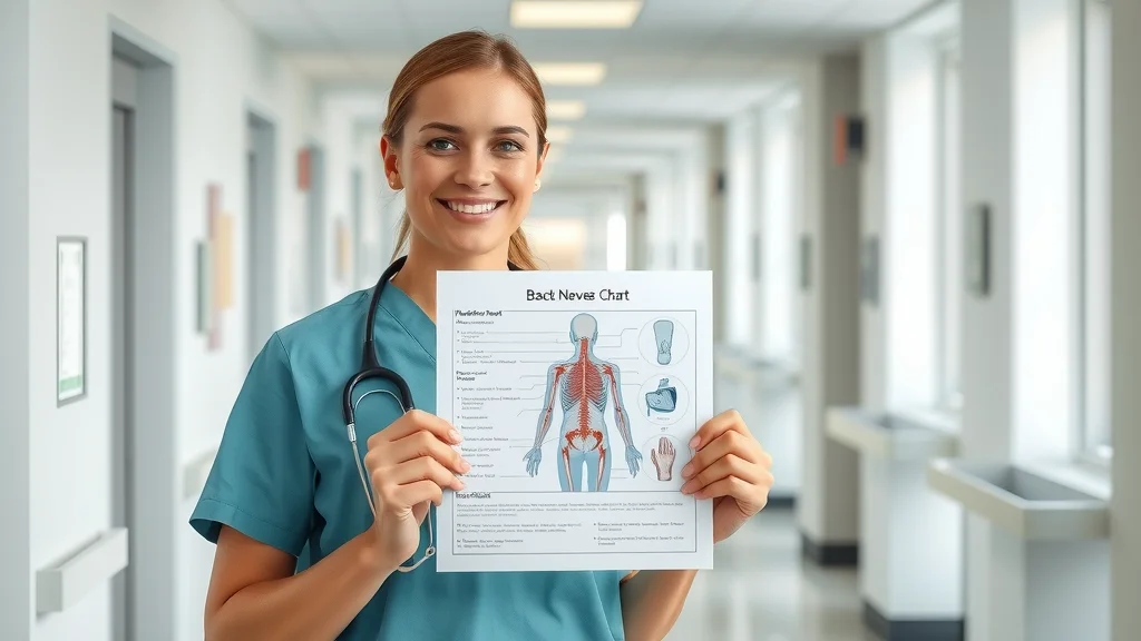 Smiling healthcare professional presenting a back nerves chart in a clinical hallway, confident and welcoming — ideal for understanding spinal nerves and nerve function.