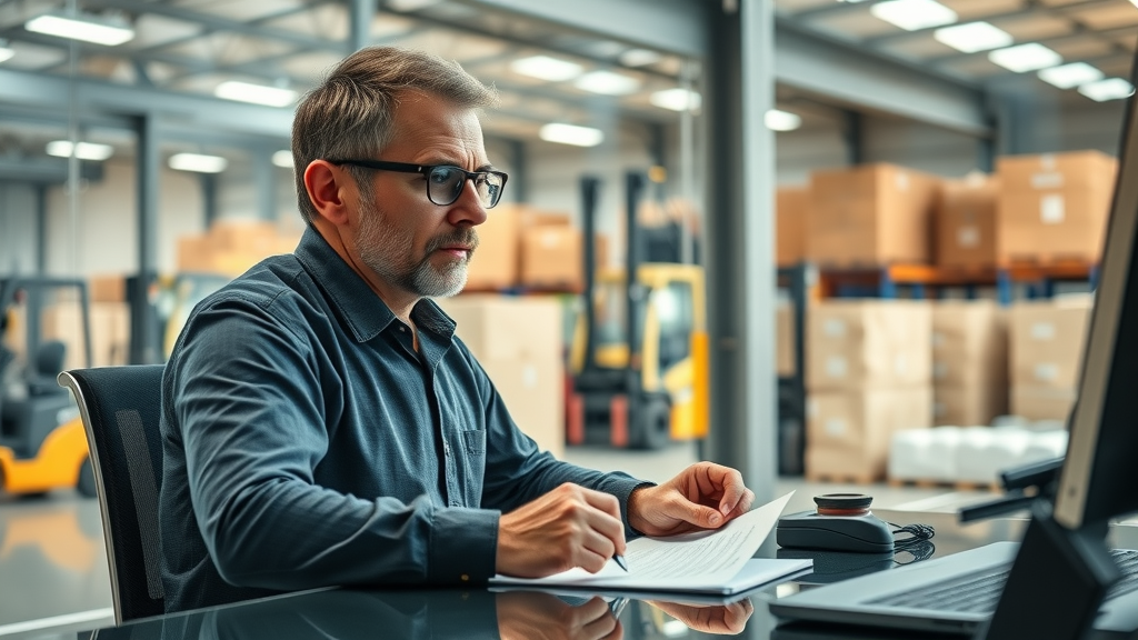 modern material handling facility reviewing forklift equipment financing documents, finance manager with forklifts visible