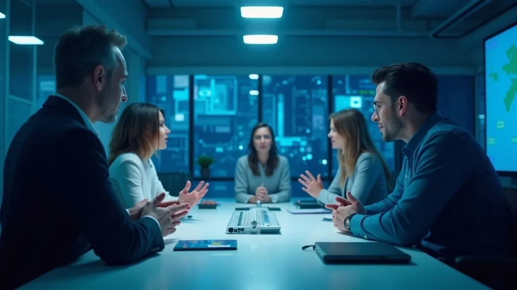 Business meeting illustrating human machine collaboration AI with AI interfaces supporting teamwork and decision making
