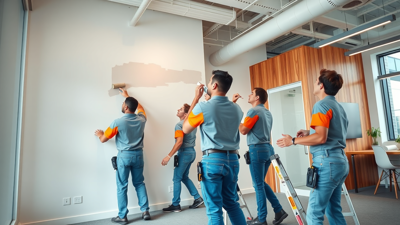 interior house painters minneapolis crew painting commercial office space, showing professional painting services in a modern environment