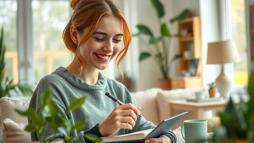 Woman labeling household objects in German to practice daily life German language skills