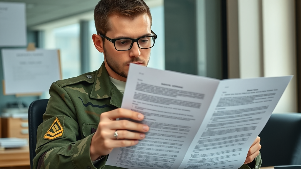 person reading legal document on wearing military attire, contemplative expression, sitting at a desk, Photorealistic High Fidelity Lifelike, office background, highly detailed, paper texture, soft lighting, shot with an 85mm lens.