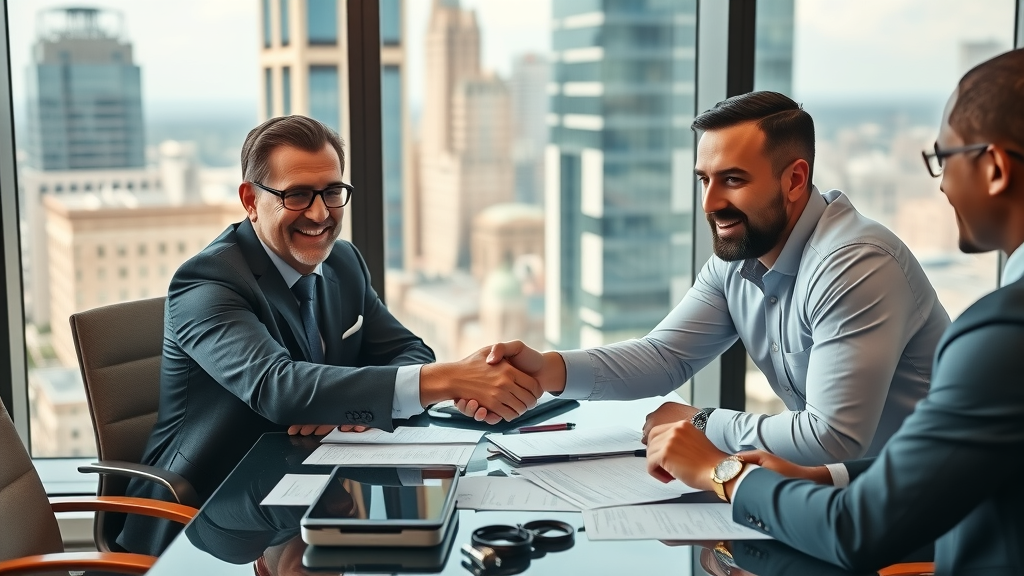 Detroit business owners and bankers reviewing equipment finance documents - construction equipment financing Michigan