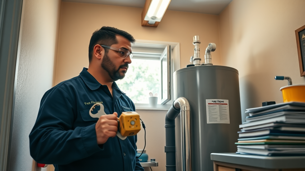 plumbing in orlando florida - plumber inspecting a water heater in a utility room.