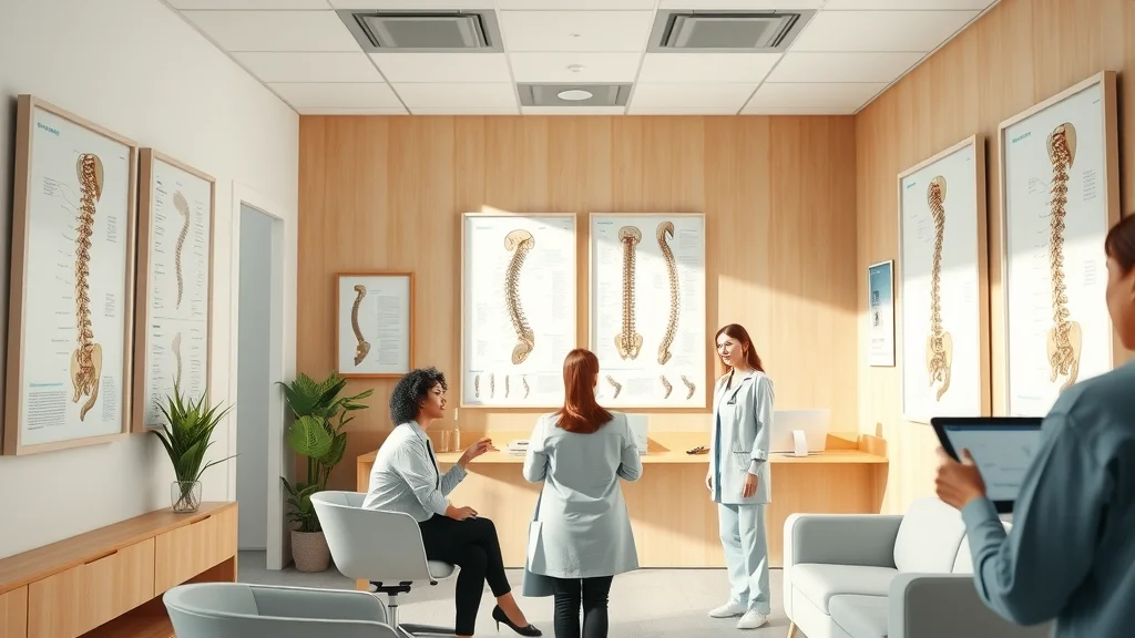 Bright clinic reception area with various types of spine charts with nerves displayed, including framed posters and a digital version for patient education and spinal nerve anatomy