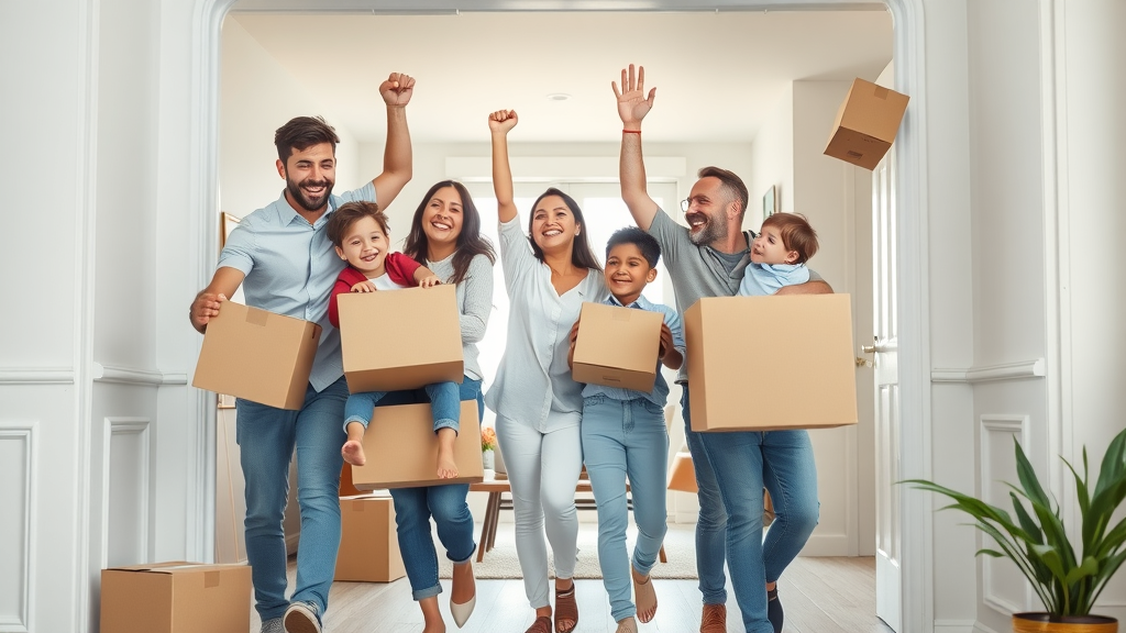 Bridge loan success story, happy family moving into new home, celebrating real estate dream achieved