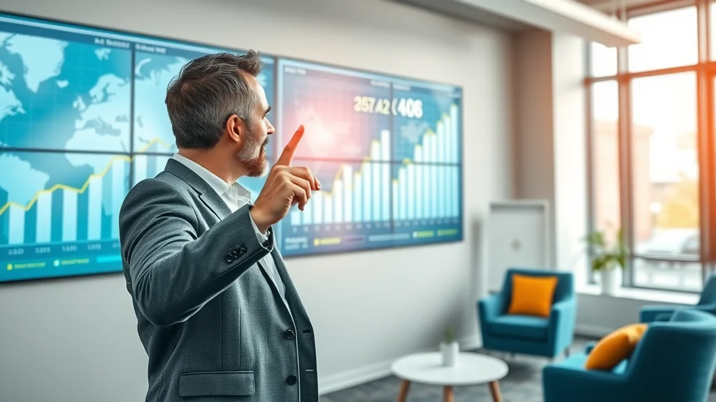 Dynamic freight operations growth chart with business owner pointing toward rising analytics on a wall-mounted interactive display