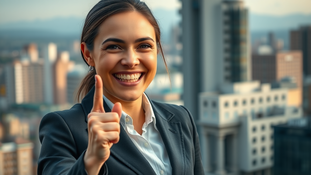 businesswoman happy expression, successful with umbrella insurance