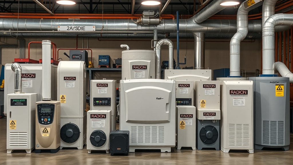 Array of radon mitigation systems in a showroom