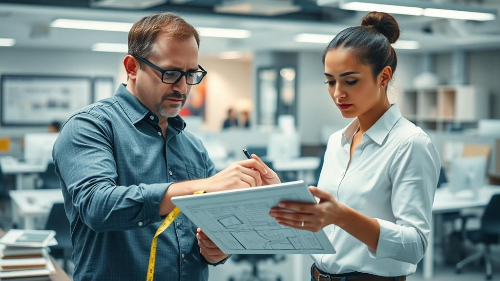 professionals measuring and planning an office layout, preparing to buy office furniture online in Plainville CT