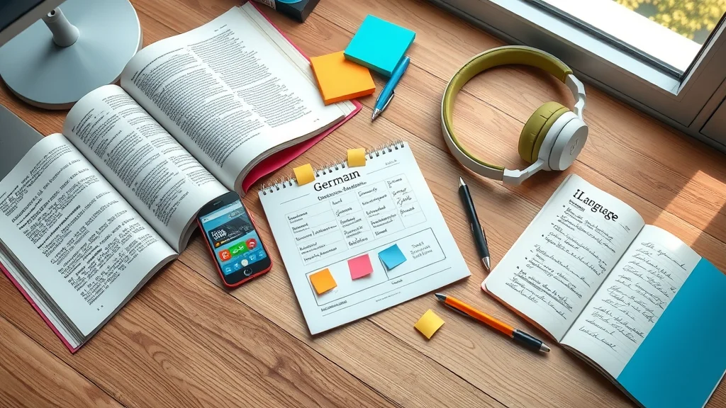 German language learning resources including app, textbooks, headphones, and notes for how to become fluent in German