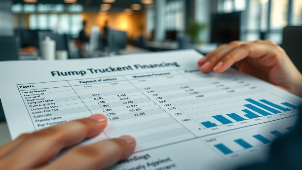 Close-up of worksheet comparing dump truck financing payment options, graphs, and figures visible, digital analysis icons