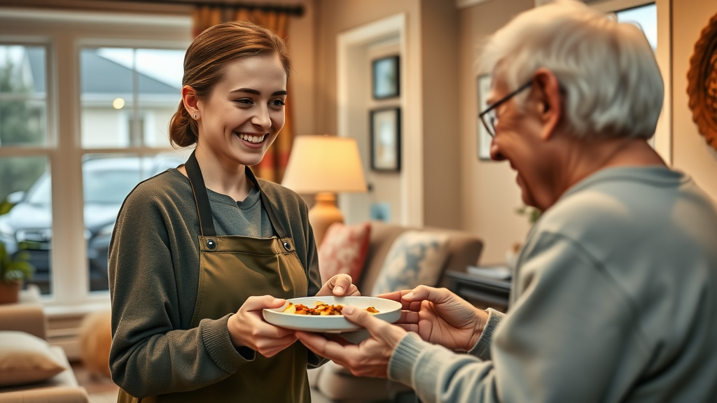 volunteer serving meal to senior home with Subaru parked outside, meals on wheels