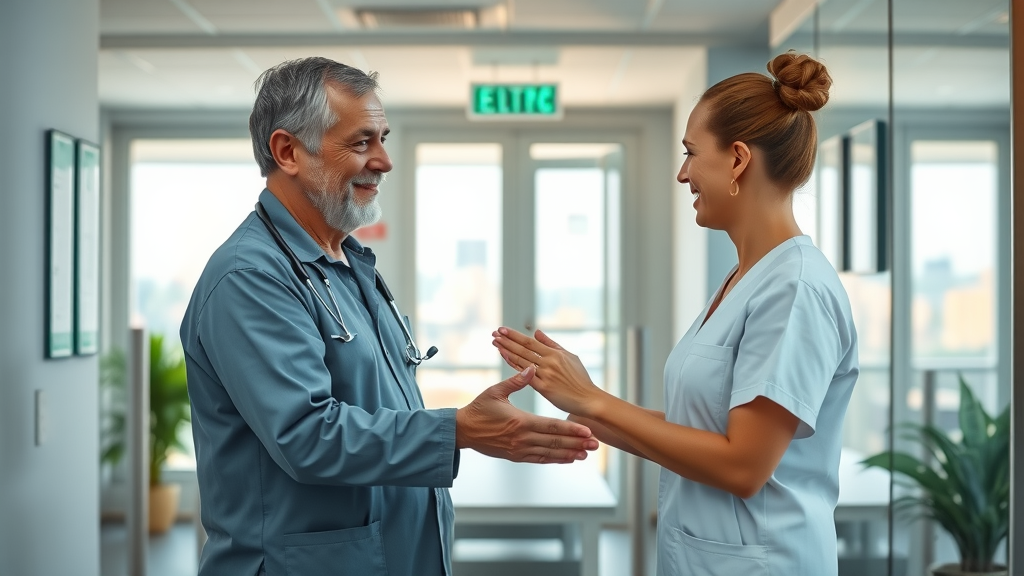 Physical Therapy Calgary modern rehabilitation clinic entrance with physiotherapist greeting patient, Calgary skyline visible, friendly care