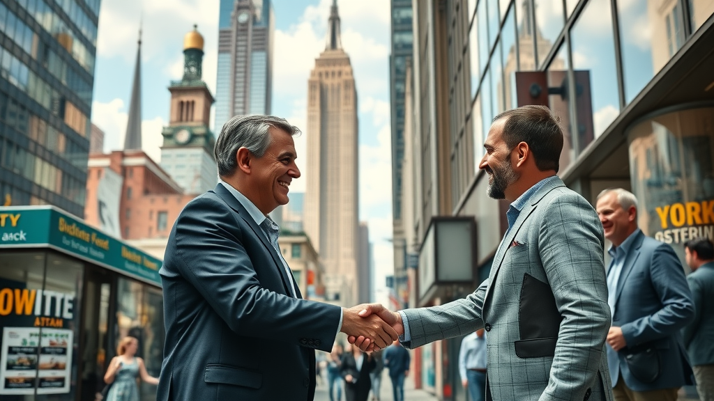 Equipment financing & leasing companies supporting business owners in New York City with commercial equipment solutions. Vibrant urban backdrop, entrepreneurs shaking hands outside storefronts, natural daylight.