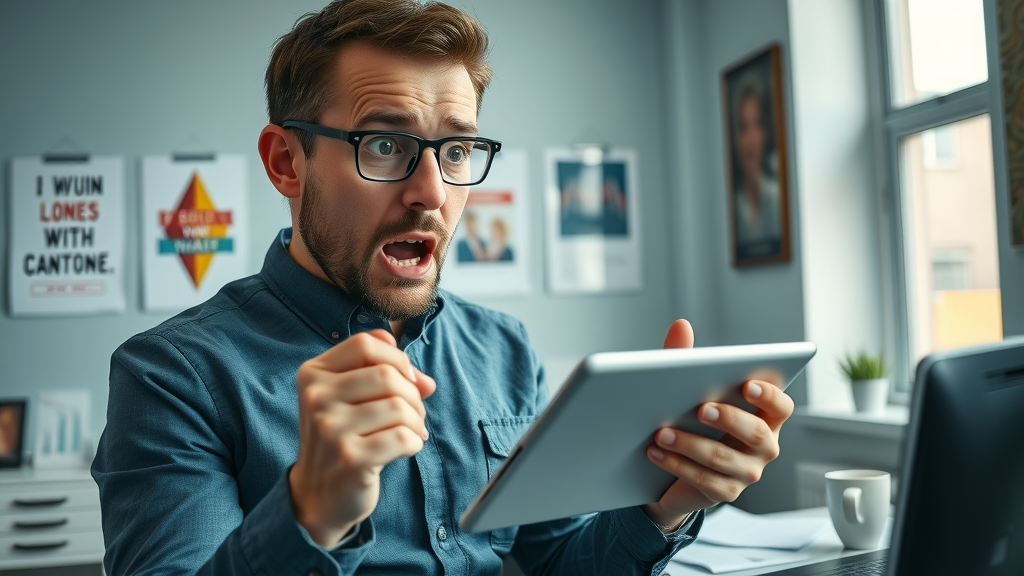 alarmed small business owner displaying analytics on tablet - Why 96% of Small Business Content Gets Zero Traffic