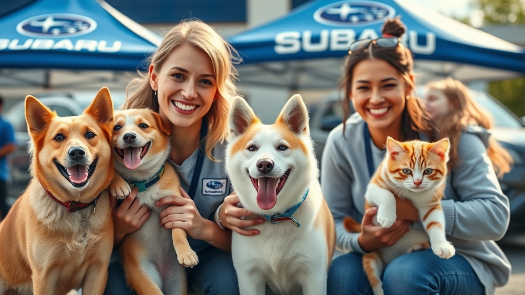 Subaru Loves Pets adoption event with volunteers and happy adoptive pets outside a Subaru dealership