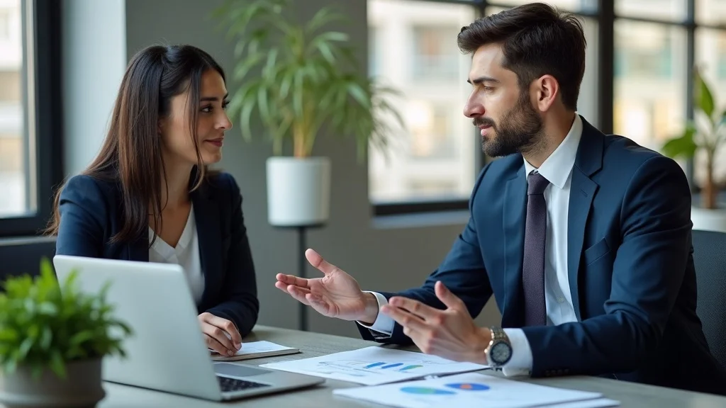 Confident employment green card attorney explaining legal fees to a client with financial graphs and paperwork in a modern office.