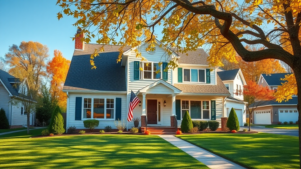 Modern Michigan home representing mortgage refinance benefits—american flag and fall colors—va home loan refinance Modern Michigan home representing mortgage refinance benefits—american flag and fall colors—va home loan refinance