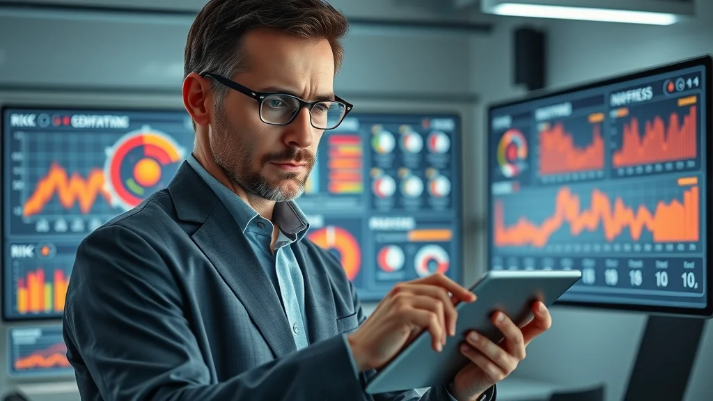 Expert assessing AI system risk using digital risk matrix in modern lab