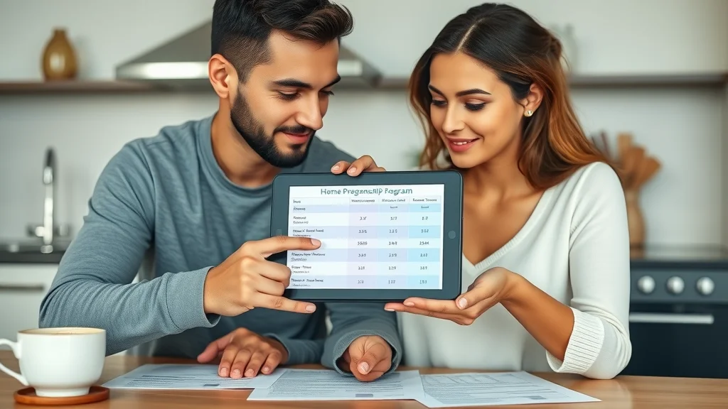 Couple comparing covenant homeownership program and other homeownership options, reviewing tablet and documents at home